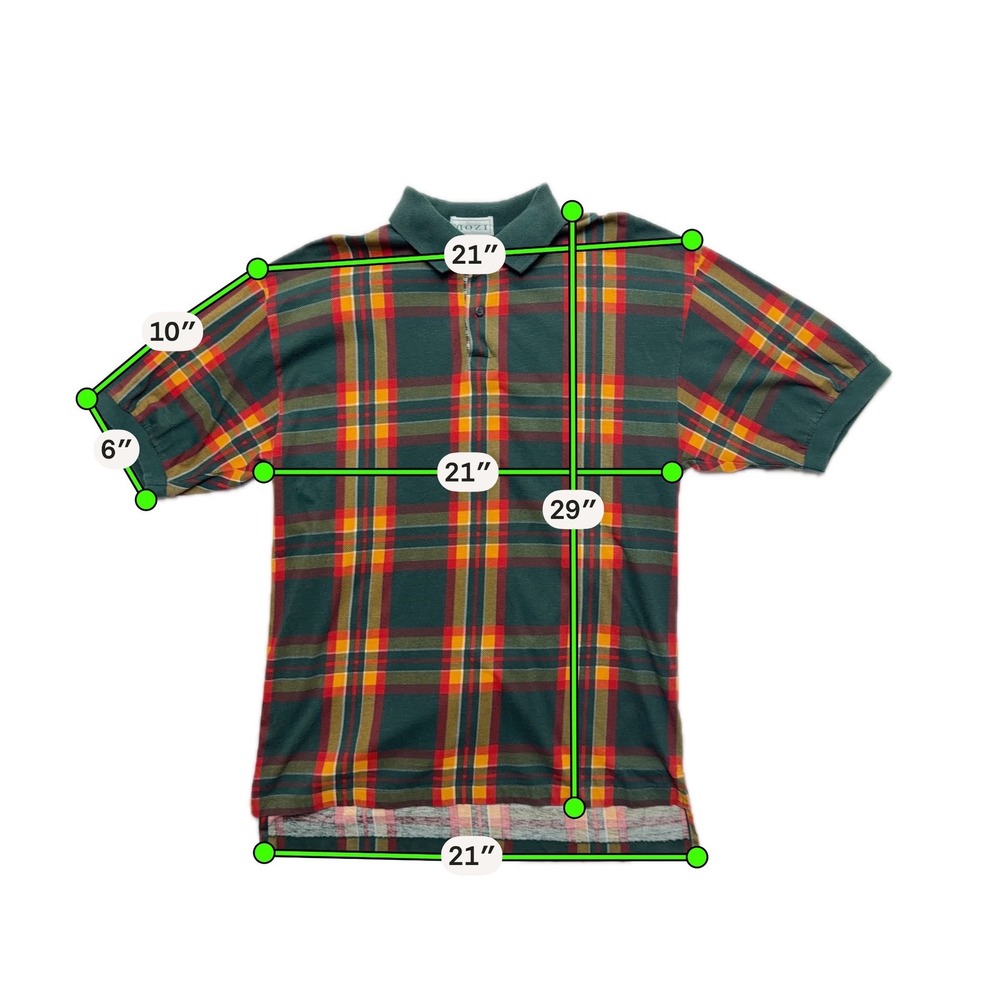 IZOD Plaid Polo Shirt Mens Medium Green Red Yellow Golf Preppy Vintage Style - Picture 9 of 14